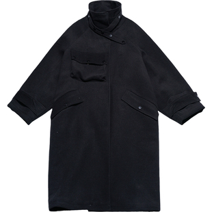 STILLYOU气质廓形帅气立领工装立体口袋黑色呢衣宽松长款夹棉大衣