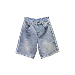 薄款五分牛仔裤女款小个子马裤宽松直筒阔腿浅蓝色裤子5分中裤