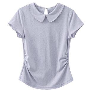【夏末】夏季韩系修身显瘦上衣紫色掐腰正肩娃娃领短袖t恤女