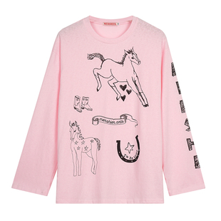 饭饭又饿了韩系印花长袖t恤女春季防晒罩衫遮肉宽松显瘦百搭上衣