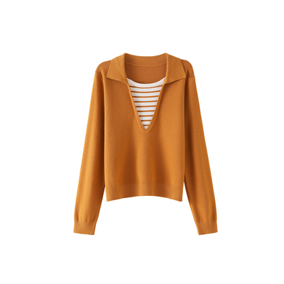 OSA假两件条纹拼接暖橘针织衫