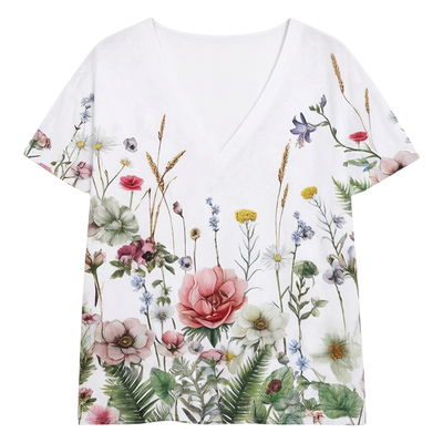 Printed Casual V-Neck Short Sleeves数码印花休闲V领套头短袖女