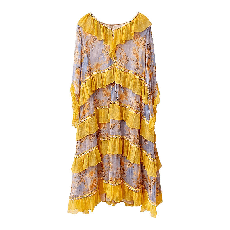 B.F真丝桑蚕丝连衣裙女小个子V领五分袖中长款显瘦气质度假碎花裙
