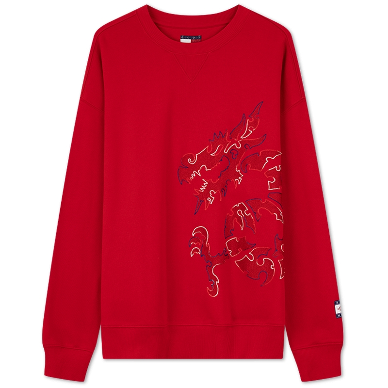 Tommy X Clot 新春特别系列秋冬男女龙纹刺绣宽松圆领红色卫衣