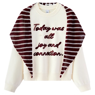 森马卫衣女春条纹披肩字母绣花2026新款商场同款复古时尚套头衫