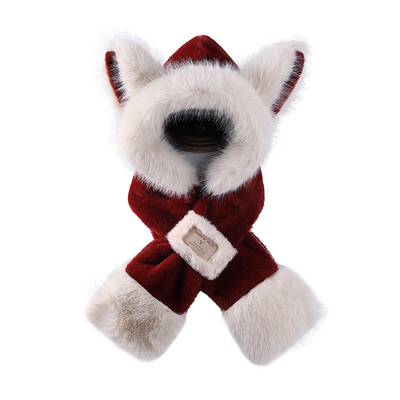 韩版毛绒可爱狐狸耳帽子围巾一体