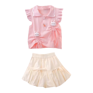 女童套装2025夏装新款儿童洋气网红飞袖POLO衫卡通短裤宝宝两件套