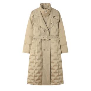 白鹿语鸭绒中长款羽绒服冬季新款立领拼接简约通勤风衣式女式外套