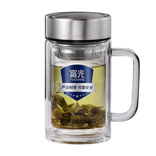富光双层高硼硅玻璃杯大容量带把手办公室茶杯子便携水杯男士定制