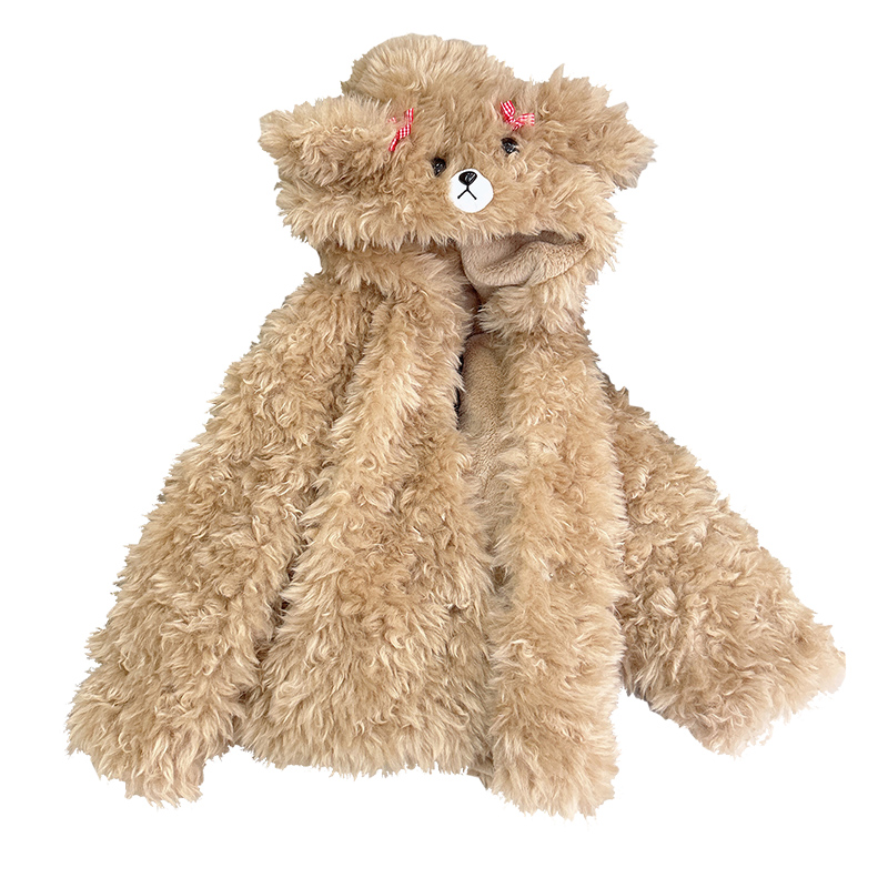 女童毛绒小熊耳朵外套毛毛衣服仿皮草儿童宝宝幼儿可爱加绒上衣冬