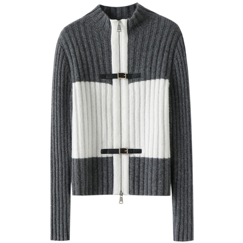 启超唯美气质感~2024复古拼色纯羊绒开衫女设计皮扣拉链针织外套