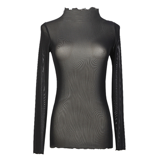 网红透明单层网纱打底衫女长袖罩衫紧身内搭黑色大码T恤薄款上衣