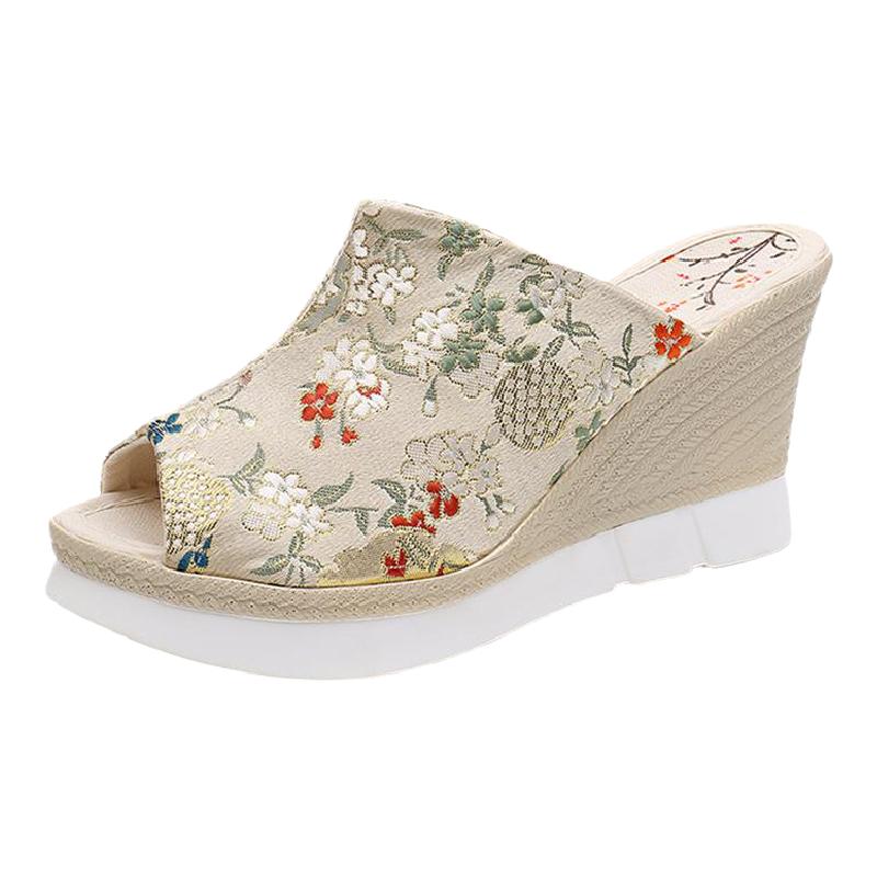 夏款高跟坡跟凉拖鞋 民族风老北京布鞋中国风女鞋单鞋古典旗袍鞋