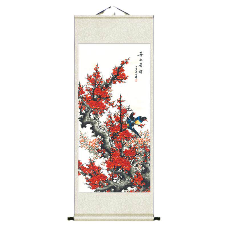 红梅报春花鸟卷轴送礼风水挂轴丝绸礼品挂画年画酒店婚庆丝绸壁画