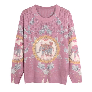 新款古嘉子羊毛衫薄款毛衣女针织衫圆领长袖上衣天丝羊毛t恤22837