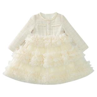 女童小香风连衣裙秋冬2025新款洋气女孩网纱拼接长袖公主蛋糕裙子