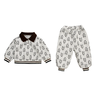 湖州织里2025新款女童套装女孩春秋中小童两件套熊猫卫衣百搭polo