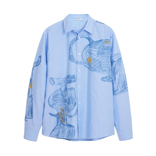 Desigual【明星同款】印绣花手绘图案浅蓝男士长袖衬衫