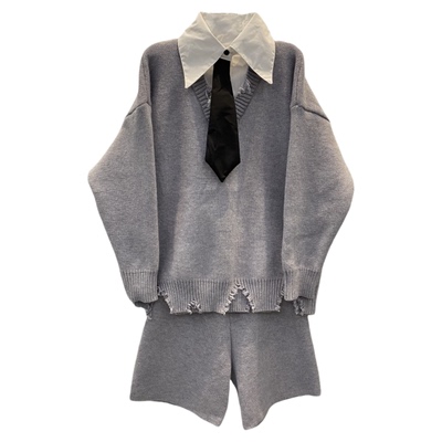 衬衫领毛边毛衣搭毛线短裤套装女