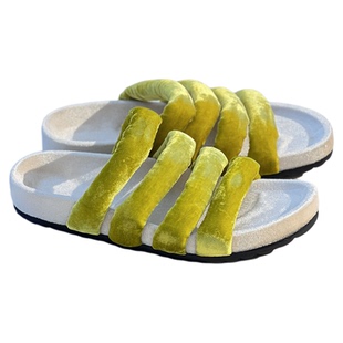 断码特价黄色拖鞋毛毛鞋女外穿柠檬海盐穿搭丝光绒勃肯平底拖鞋