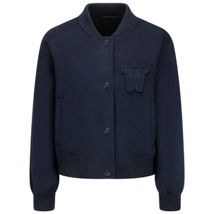 几何单元早春毛呢棒球夹克螺纹针织立领70支100%绵羊毛短款外套女