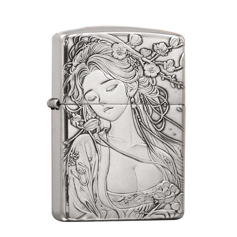 zippo镀银桃花女双面浮雕盔甲机
