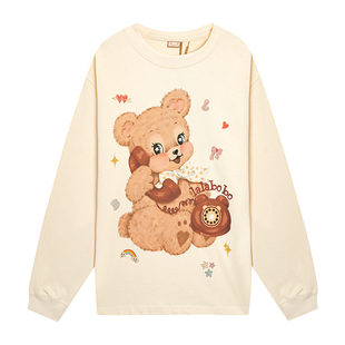 【江向北同款】LALABOBO25年秋新款米色T恤圆领印花百搭长袖上衣