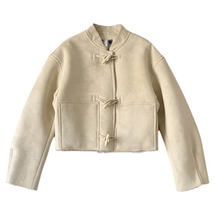 jennie同款牛角扣立领羊毛短款麂皮绒韩国新款宽松夹克外套