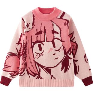 MQD童装女童毛衣2025冬季新款圆领二次元卡通上衣儿童提花线衫