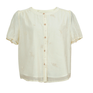 纻衣米黄色短袖衬衫女2026夏新品泡泡袖衬衣文艺刺绣时尚百搭上衣