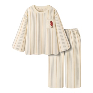 Pinksea睡衣女春秋新款A类纯棉宽松套头条纹长袖女款家居服套装