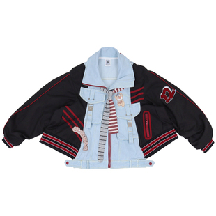2026春甜酷少女多口袋条纹领带牛仔解构拼接飞行服夹克棒球服外套