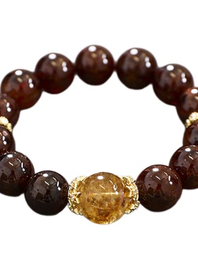 大颗粒天然牛血红石榴石单圈水晶手串链女款天然石榴石12mm黄塔晶