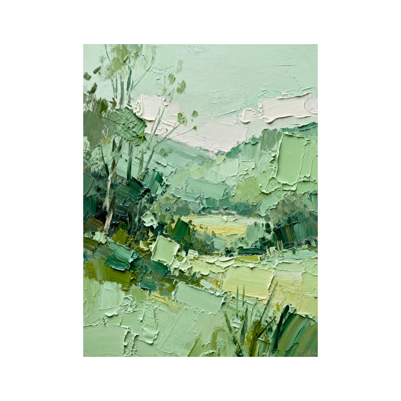 可班手绘油画绿色山林玄关装饰画