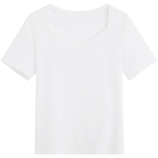 弥古冰丝短袖正肩丝光棉纯白t恤女夏白色法式方领黑色大领口上衣