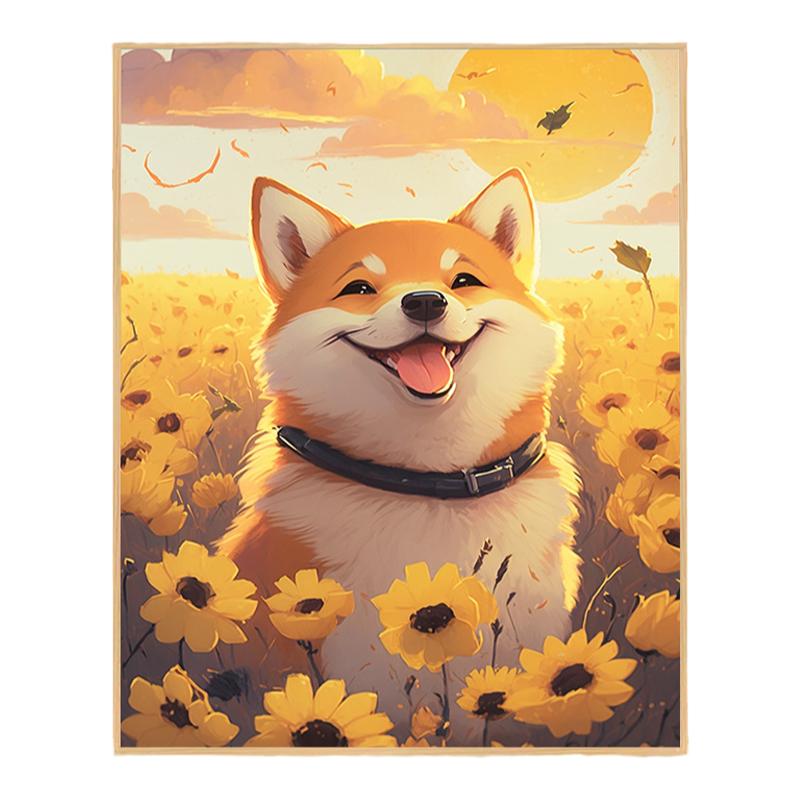 秋田犬狗狗数字油画diy填色解压治愈手绘简约涂色室内丙烯装饰画
