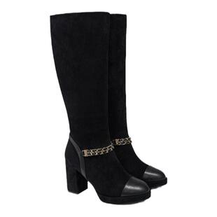 fed高跟长筒靴冬季新款靴子绒面瘦瘦靴链条时装靴女款R1121-ZF325