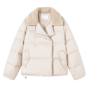 YBAI/亦白 2025冬季新款韩版百搭显瘦羊羔毛领斜拉链羽绒服外套女