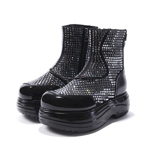 BLOCCO5春季女鞋时尚通勤中筒靴镶钻增高包头时装女靴子