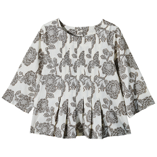 GESGOO原创设计剪花提花圆领衬衫女早秋2024新款显瘦别致纯棉上衣