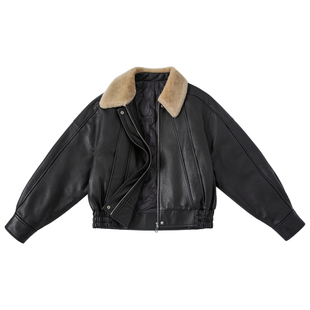 YANGLE_黑色皮衣女外套2025冬季新款老钱进口真皮羊毛毛领鹅绒服