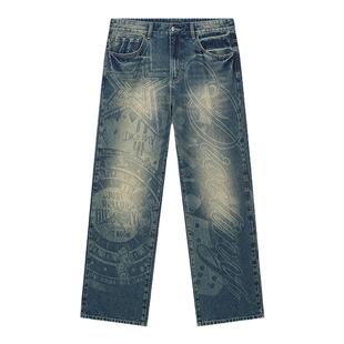 DICETINY美式复古骰子帝国烧花牛仔裤男水洗做旧直筒休闲裤长裤潮