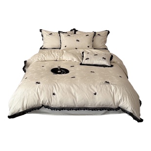 法式浪漫天丝棉四件套床单式黑色高级感蕾丝边玫瑰花刺绣被套床品