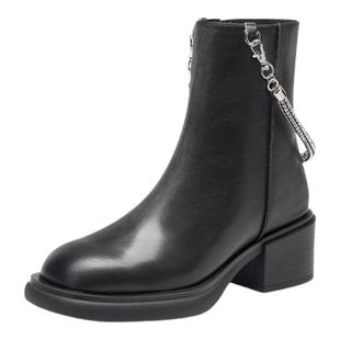 KISS CAT/接吻猫秋冬牛皮水钻链条粗跟侧拉链短靴女KA32748-50