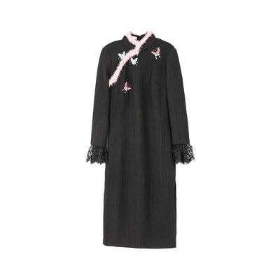 改良旗袍高腰优雅格纹刺绣连衣裙