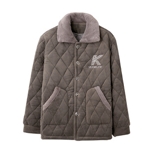 冬季男士加绒加厚夹棉睡衣上半身珊瑚绒中老年爷爷家居服单件上衣