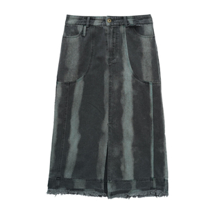 it'real瑞尔春季新款复古条纹牛仔高腰开叉下摆半身直筒裙女装