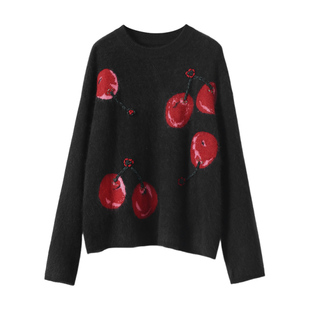 淘么淘“糖渍樱桃”羊绒绵羊毛长毛拉绒趣味撞色钉珠宽松圆领毛衣