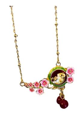 欧美品牌18K镀金彩绘珐琅可爱老鼠花朵珍珠项链女气质高档锁骨链