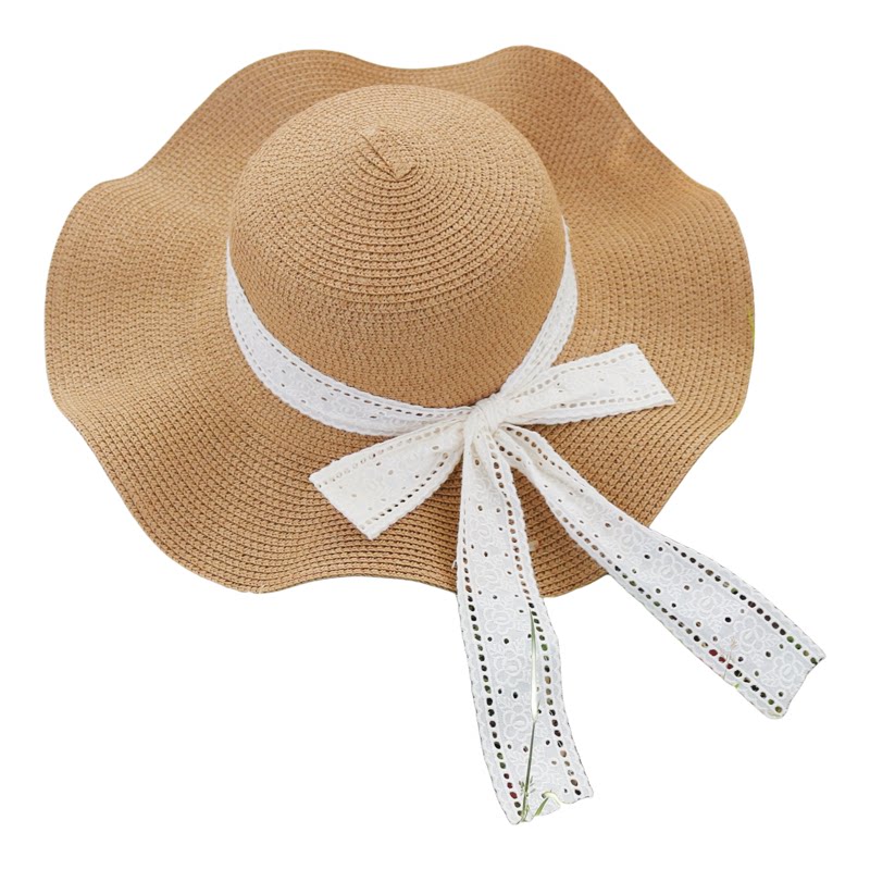 夏季蕾丝飘带蝴蝶结大檐草帽女